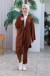 Kahverengi İkili Kimono Bağlama Detaylı Tesettür Takım