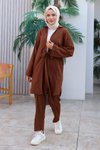 Kahverengi İkili Kimono Bağlama Detaylı Tesettür Takım