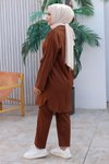 Kahverengi İkili Kimono Bağlama Detaylı Tesettür Takım
