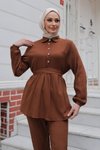 Kahverengi İkili Taş Düğme Detaylı Tesettür Takım