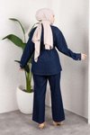 Koyu Mavi Denim İkili Taş Detaylı Kuşaklı Tesettür Takım