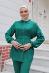 Yeşil İkili Taş Düğme Detaylı Tesettür Takım