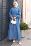 Açık Mavi Beli Lastikli Kot Fermuarlı Elbise