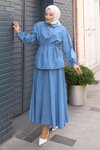 Açık Mavi Etekli Kot İkili Beli Bağcık Detaylı Tesettür Takım