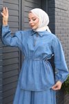 Açık Mavi Etekli Kot İkili Beli Bağcık Detaylı Tesettür Takım