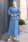 Açık Mavi Etekli Kot İkili Beli Bağcık Detaylı Tesettür Takım