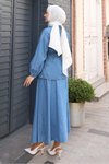 Açık Mavi Etekli Kot İkili Beli Bağcık Detaylı Tesettür Takım