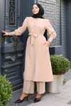 Bej İkili Düğme Detaylı Kuşaklı Tesettür Takım