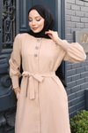 Bej İkili Düğme Detaylı Kuşaklı Tesettür Takım