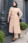 Bej İkili Düğme Detaylı Kuşaklı Tesettür Takım