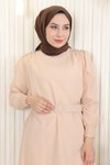 Bej İkili Taş Detaylı Kemerli Tesettür Takım
