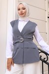Gri İkili V Yaka Yelekli Tesettür Takım