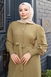 Haki İkili Düğme Detaylı Kuşaklı Tesettür Takım