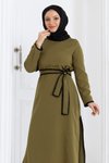 Haki İkili Kemerli Çoban Dikişli Tesettür Takım