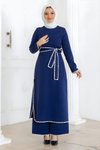 İndigo İkili Kemerli Çoban Dikişli Tesettür Takım