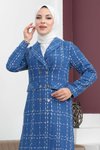 İndigo Kaşe Geniş Yaka Düğmeli Kaban