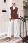 Kahverengi V Yaka Yelekli İkili Tesettür Takım