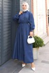 Koyu Mavi Beli Lastikli Fermuarlı Kot Elbise