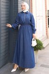 Koyu Mavi Beli Lastikli Fermuarlı Kot Elbise