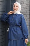 Koyu Mavi Kot Etekli İkili Beli Bağcık Detaylı Tesettür Tak ım
