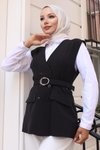Siyah İkili V Yaka Yelekli Tesettür Takım