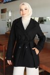 Siyah Kaşe Düğme Detaylı Kaban