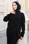 Siyah Triko İkili Taş Detaylı Tesettür Takım