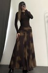 Kahverengi Desenli Şifon Bel Drapeli Etek