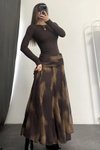 Kahverengi Desenli Şifon Bel Drapeli Etek
