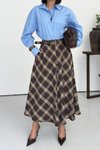 Kahverengi Ekose Kemerli Önü Düğmeli Etek