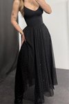 Siyah Asimetrik Taş Detaylı Şifon Etek
