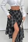 Siyah Ekose Kemerli Önü Düğmeli Cepli Etek