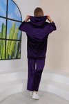 Mor Kadife Taş İşlemeli Kapüşonlu Eşofman Takım