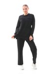 Wide Leg Sweat Crew Neck Tracksuit Set - Black