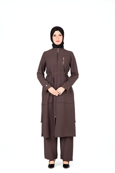 Kahverengi Alt Üst İkili Halka Aksesuar Detaylı Tesettür Takım