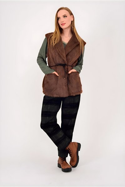 Kahverengi İtalyan Kemer Detaylı Keçe Yelek