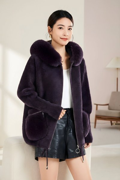 Mürdüm İtalyan Angora Cepli Kapüşonlu Kürklü Kaban