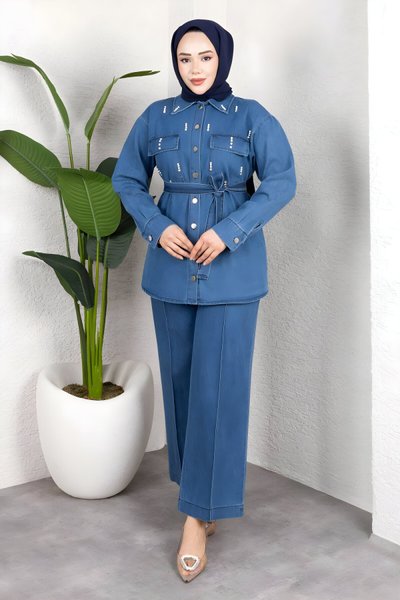 Açık Mavi Denim İkili Taş Detaylı Kuşaklı Tesettür Takım