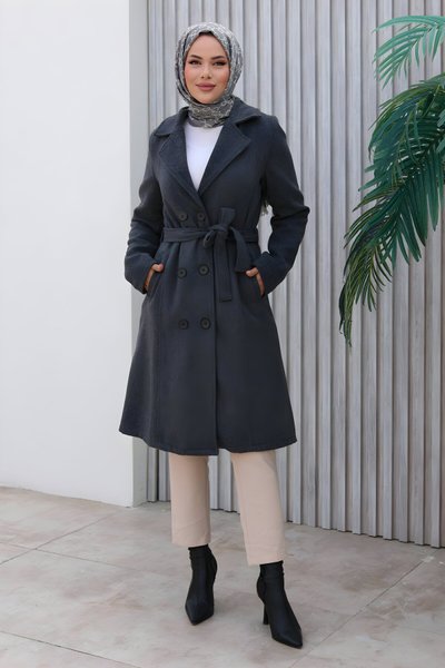 Antrasit Kaşe Düğme Detaylı Kaban