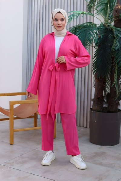 Fuşya Kimono İkili Bağlama Detaylı Tesettür Takım