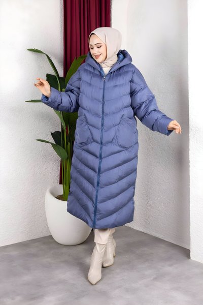 Mavi Şişme Kapüşonlu Cepli Mont