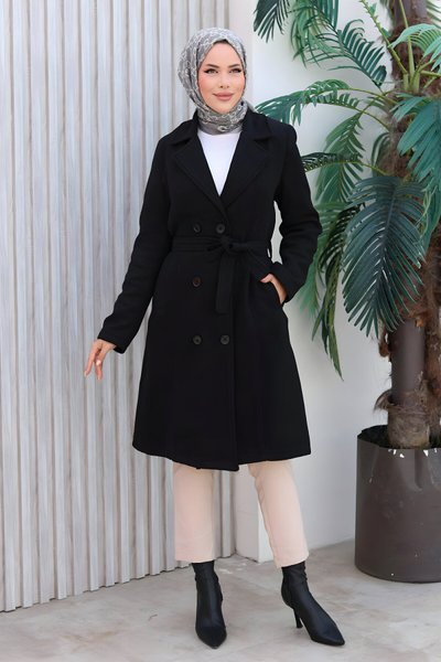 Siyah Kaşe Düğme Detaylı Kaban