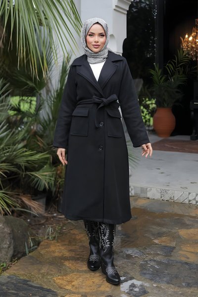 Siyah Kaşe Kapak Detaylı Kaban