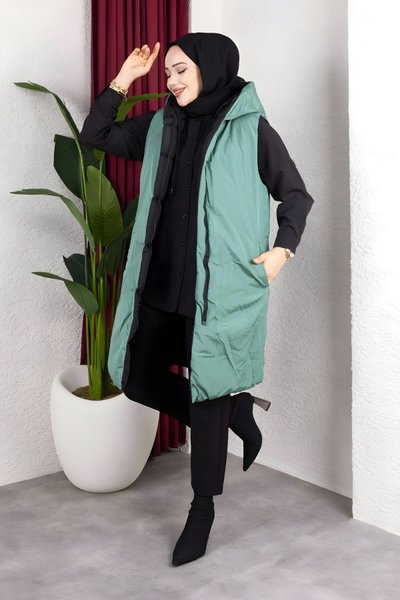 Yeşil Şişme Çift Taraflı Kapüşonlu Yelek