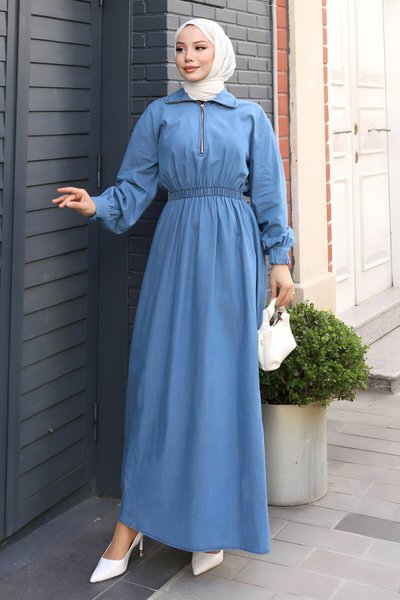 Açık Mavi Beli Lastikli Kot Fermuarlı Elbise