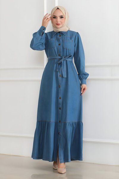 Açık Mavi Kot Fırfır Detaylı Elbise