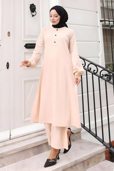 Bej İkili Düğmeli Tesettür Takım