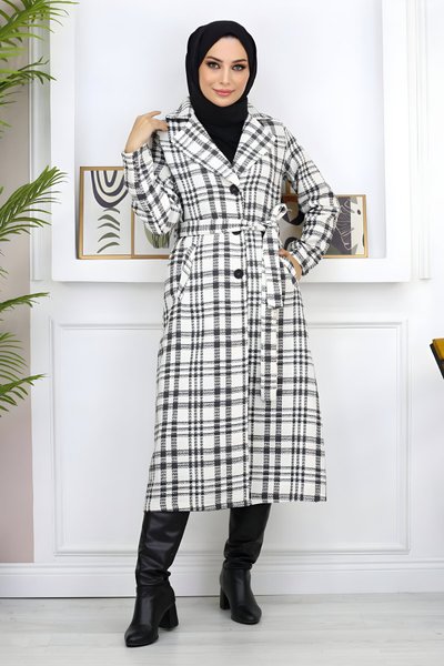 Beyaz Ekoseli Şanel Kaşe Kaban