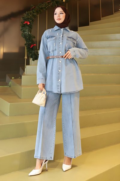 Buz Mavisi Kot İkili Cepli Taş Detaylı Tesettür Takım