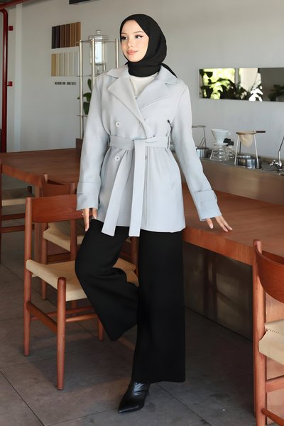 Gri Kaşe Düğme Detaylı Kaban